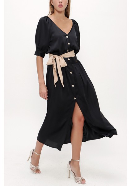 Siyah V Yaka Uzun Elbise 92761