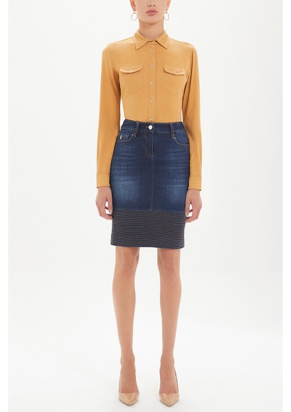 Lacivert Kontrast Dikişli Denim Etek 80488