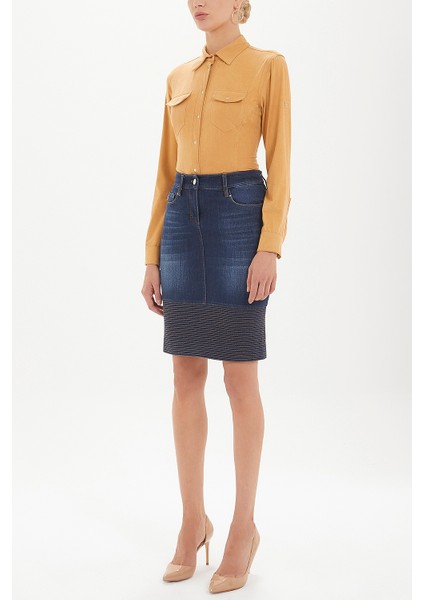 Lacivert Kontrast Dikişli Denim Etek 80488