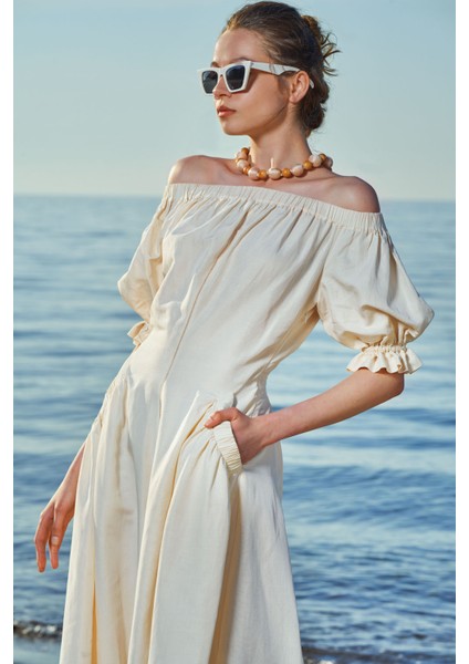 Ekru Düşük Omuz Lastikli Keten Elbise 93569 fırsatları