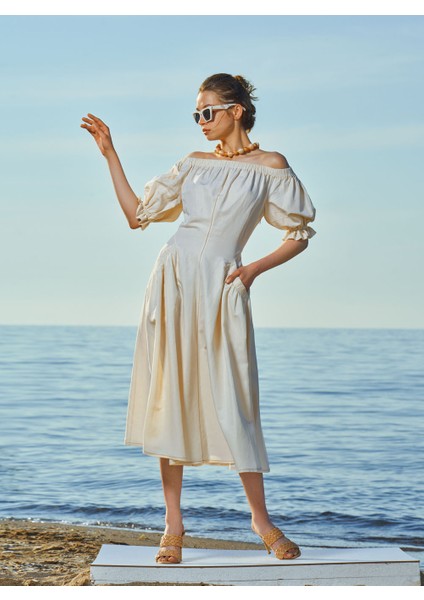 Ekru Düşük Omuz Lastikli Keten Elbise 93569 indirimleri