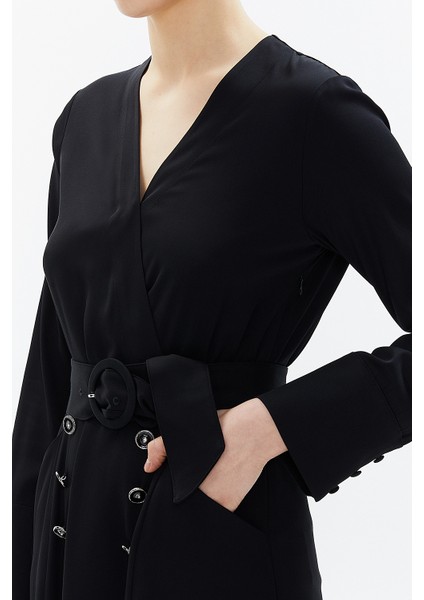 Siyah Anvelop Kapama Kemerli Midi Elbise 93322