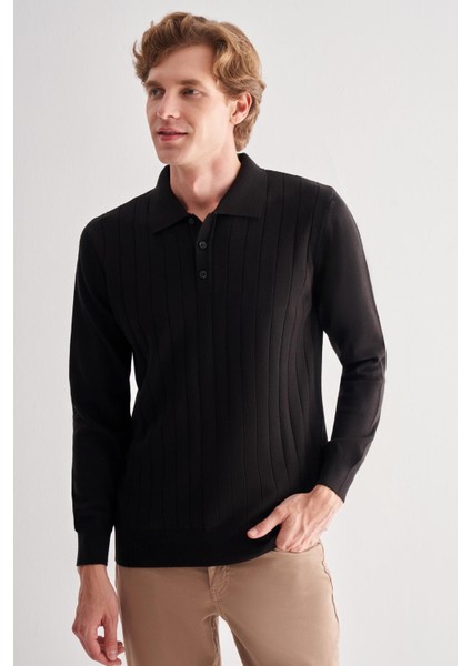 Siyah Polo Yaka Uzun Kol Cepsiz Comfort Fit Pamuklu Triko Kazak 1012255214
