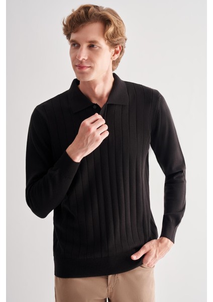 Siyah Polo Yaka Uzun Kol Cepsiz Comfort Fit Pamuklu Triko Kazak 1012255214 modelleri