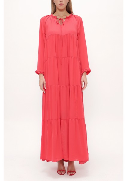 Kırmızı Bol Kesim Büzgülü Uzun Elbise 93742