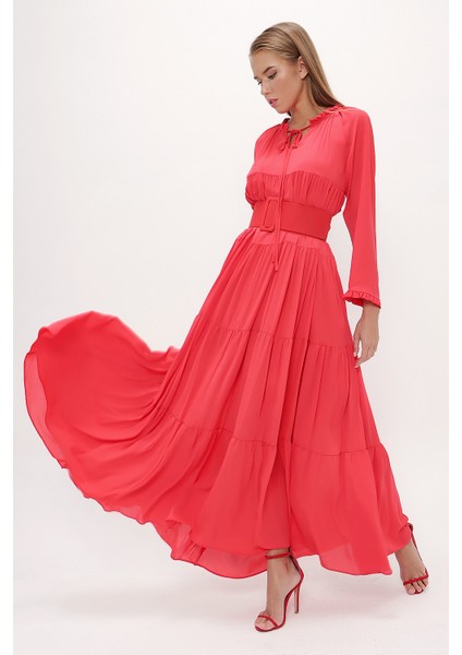 Kırmızı Bol Kesim Büzgülü Uzun Elbise 93742 indirimleri