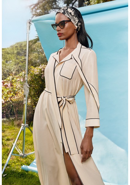 Bej Biyeli Gömlek Elbise 93529