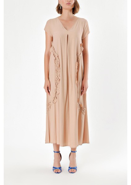 Bej V Yaka Fırfırlı Elbise 92284 fiyatları