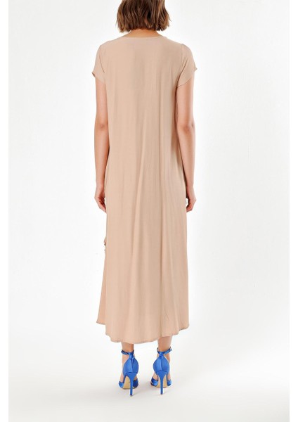 Bej V Yaka Fırfırlı Elbise 92284 fırsatları