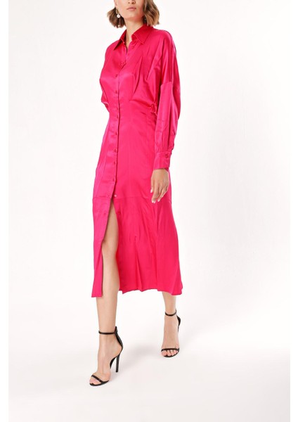 Fuşya Yarasa Kollu Gömlek Elbise 94060