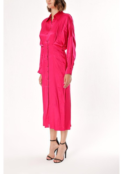 Fuşya Yarasa Kollu Gömlek Elbise 94060