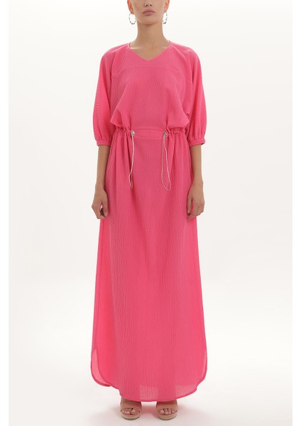 Pembe Bağcıklı Bol Kesim Uzun Elbise 92450
