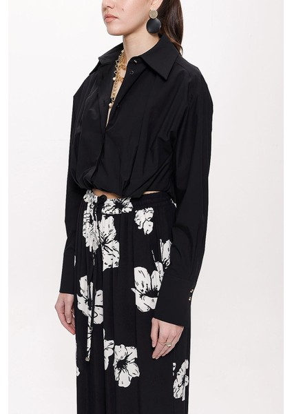 Siyah Bol Kesim Lastik Detaylı Gömlek 10818 modelleri