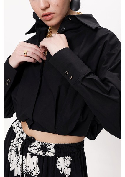 Siyah Bol Kesim Lastik Detaylı Gömlek 10818 indirimleri