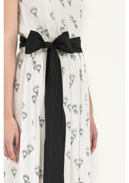 Beyaz Kemerli Desenli Uzun Elbise 92316