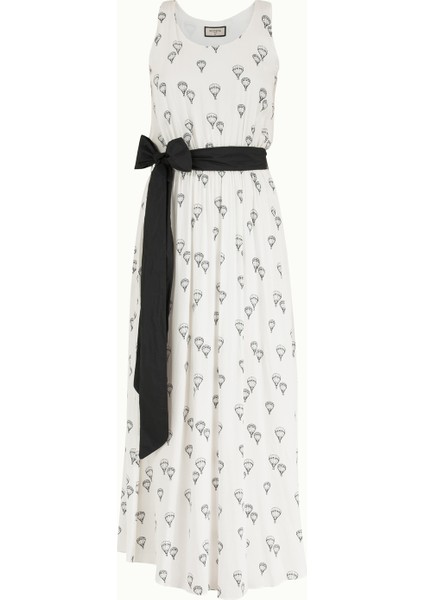 Beyaz Kemerli Desenli Uzun Elbise 92316