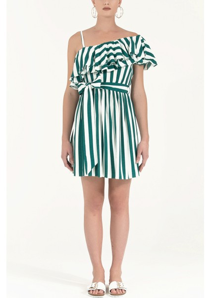 Yeşil Tek Omuz Volanlı Mini Elbise 92345