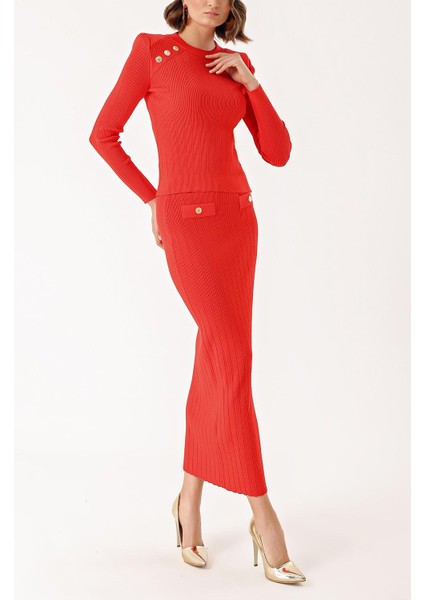 Kırmızı Düğme Detaylı Kazak ve Etekli Takım 28852