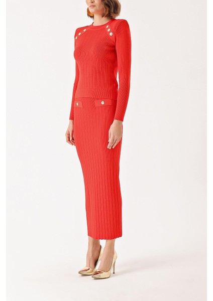 Kırmızı Düğme Detaylı Kazak ve Etekli Takım 28852 modelleri