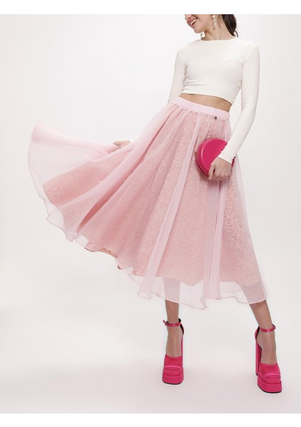 Açık Pembe Beli Lastikli Organze Etek 81205
