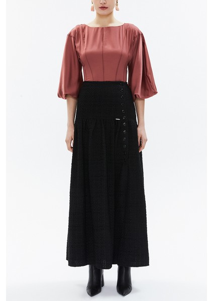 Siyah Düğme Detaylı Uzun Etek 81142