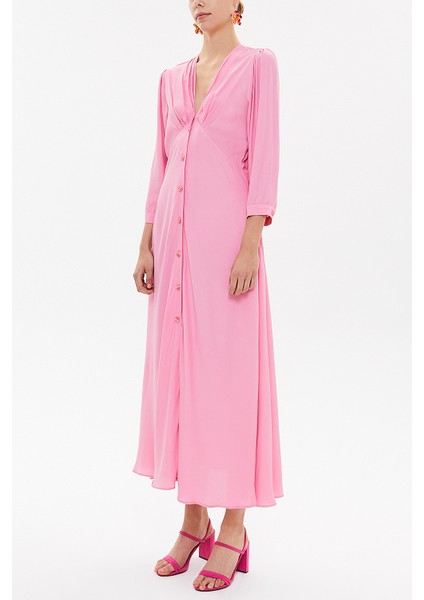 Pembe V Yaka Uzun Elbise 92840