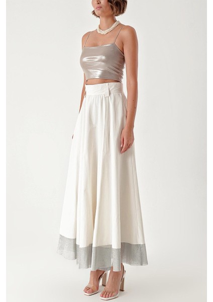 Ekru Metalik Kumaş Garnili Fermuarlı Dökümlü Etek 81226 modelleri