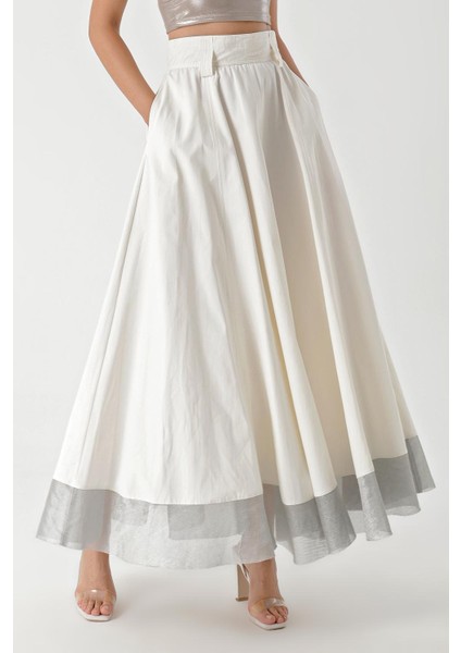 Ekru Metalik Kumaş Garnili Fermuarlı Dökümlü Etek 81226 indirimleri