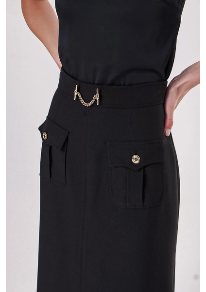 Siyah Aksesuar ve Fermaur Detaylı Yüksek Bel Etek 81215 indirimleri