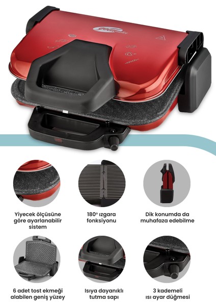 Kırmızı 1800W Granit Çıkarılabilir Plakalı 5 Kademeli Isı Ayarlı Tost ve Izgara Makinesi fiyatları