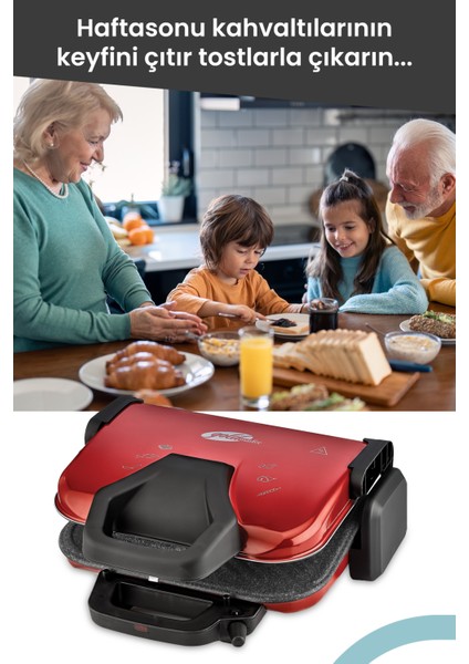 Kırmızı 1800W Granit Çıkarılabilir Plakalı 5 Kademeli Isı Ayarlı Tost ve Izgara Makinesi