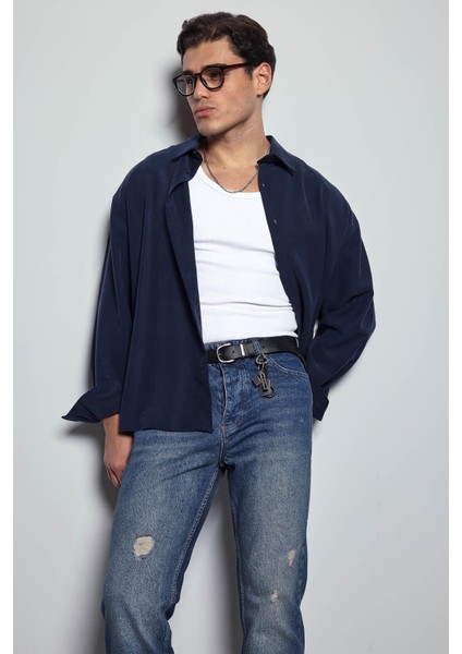 Erkek Oversize Uzun Kollu Basic Gömlek Lacivert