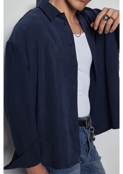 Erkek Oversize Uzun Kollu Basic Gömlek Lacivert modelleri