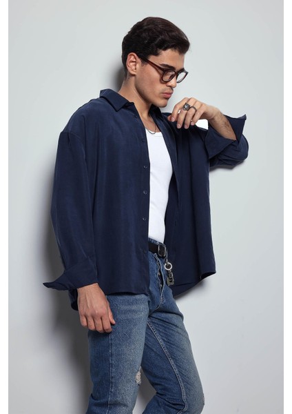Erkek Oversize Uzun Kollu Basic Gömlek Lacivert fırsatları