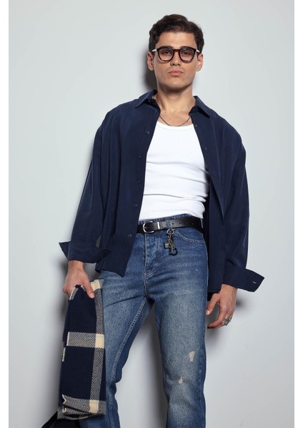 Erkek Oversize Uzun Kollu Basic Gömlek Lacivert indirimleri