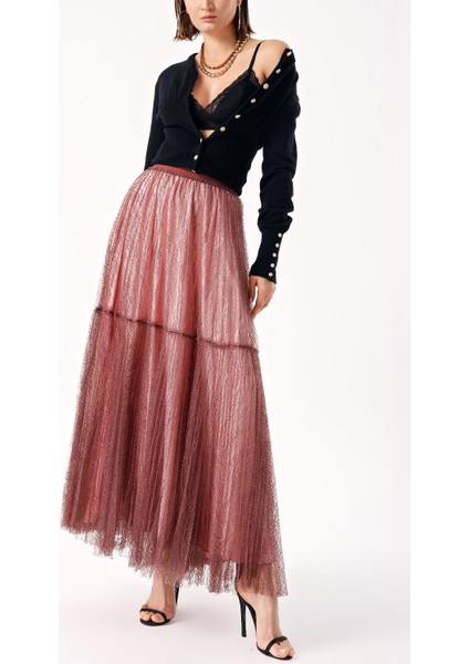 Pudra Beli Lastikli Piliseli Uzun Tül Etek 81235