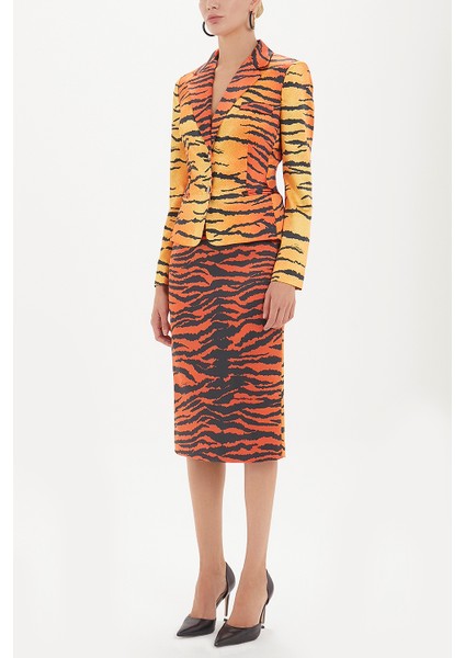 Kırmızı Desenli Diz Altı Kalem Etek 80745