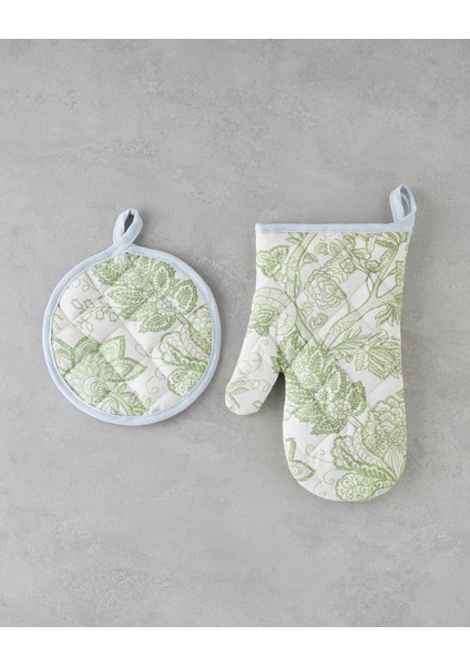 Greenery Pamuk Polyester 2 Parça Mutfak Seti 17X30 CM+20X20 cm Beyaz - Yeşil