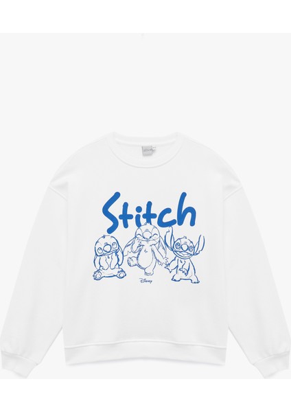 Stitch Lisanslı Bisiklet Yaka Baskılı Oversize Sweatshirt