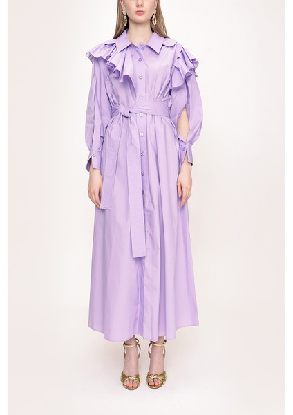 Lila Yakası Volanlı Gömlek Elbise 93510