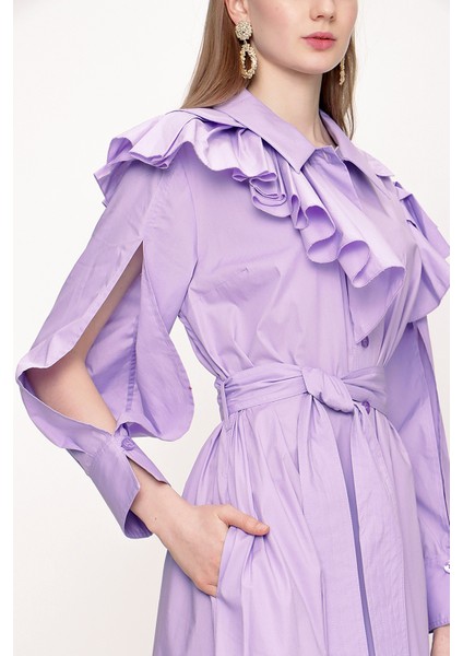 Lila Yakası Volanlı Gömlek Elbise 93510