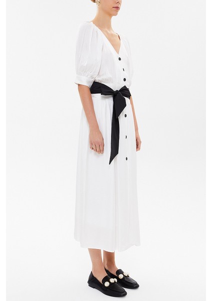 Beyaz V Yaka Uzun Elbise 92761