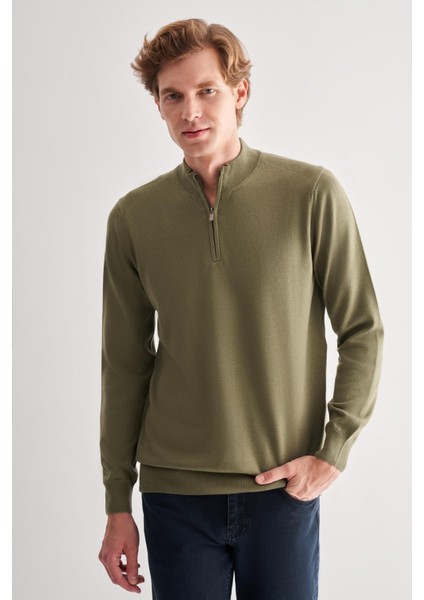 Açık Yeşil Fermuarlı Dik Yaka Uzun Kol Cepsiz Comfort Fit Classic Pamuklu Triko Kazak 1012255201