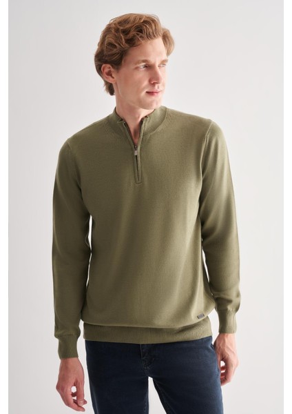 Açık Yeşil Fermuarlı Dik Yaka Uzun Kol Cepsiz Comfort Fit Classic Pamuklu Triko Kazak 1012255201 modelleri