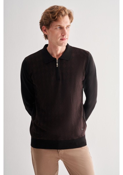 Siyah Fermuarlı Polo Yaka Uzun Kol Cepsiz Comfort Fit Pamuklu Triko Kazak 1012255223 modelleri