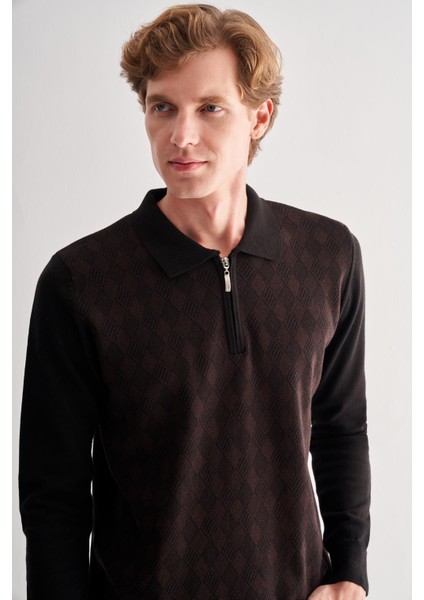 Siyah Fermuarlı Polo Yaka Uzun Kol Cepsiz Comfort Fit Pamuklu Triko Kazak 1012255223 fırsatları