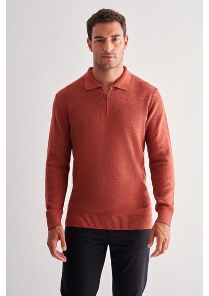 Kiremit Fermuarlı Polo Yaka Uzun Kol Cepsiz Comfort Fit Casual Pamuklu Triko Kazak 1012255202