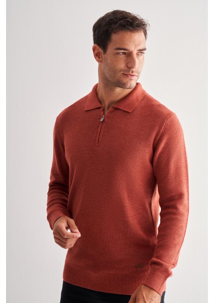 Kiremit Fermuarlı Polo Yaka Uzun Kol Cepsiz Comfort Fit Casual Pamuklu Triko Kazak 1012255202 modelleri