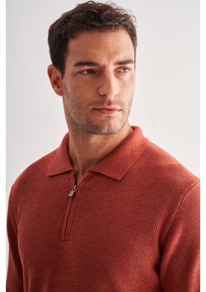 Kiremit Fermuarlı Polo Yaka Uzun Kol Cepsiz Comfort Fit Casual Pamuklu Triko Kazak 1012255202 fırsatları