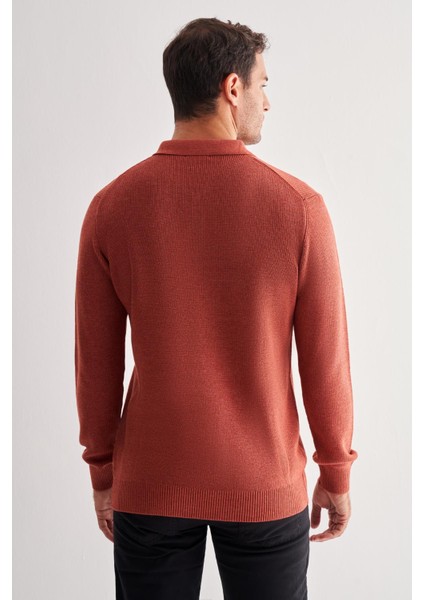 Kiremit Fermuarlı Polo Yaka Uzun Kol Cepsiz Comfort Fit Casual Pamuklu Triko Kazak 1012255202 indirimleri